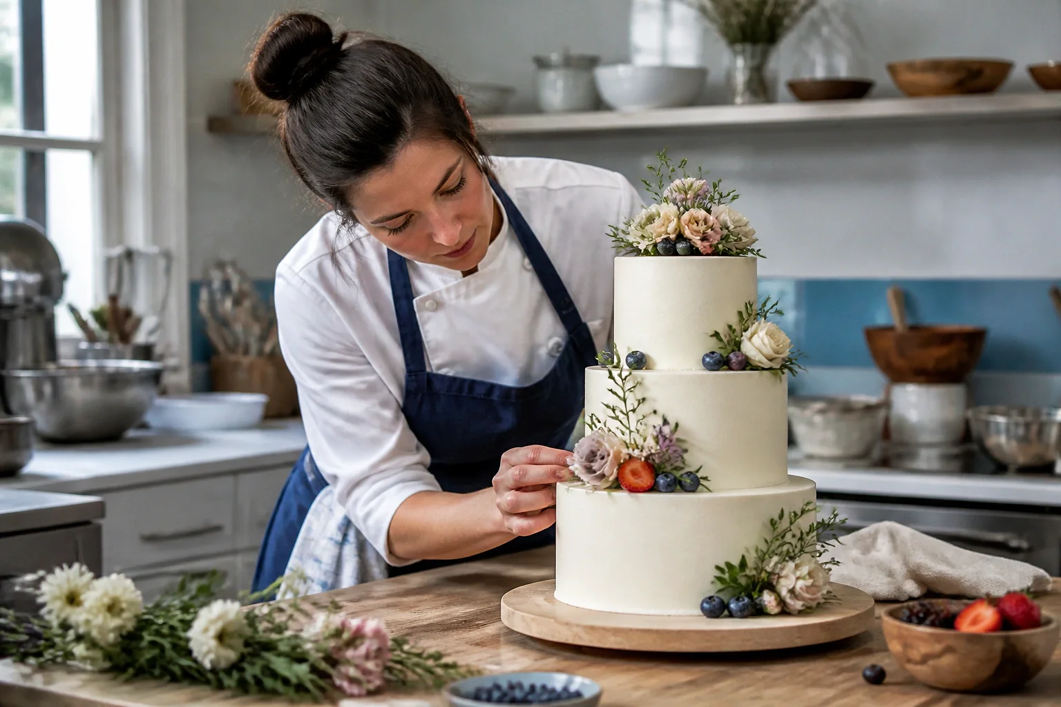 Gâteau de mariage préparé dans un atelier — illustration générée par IA