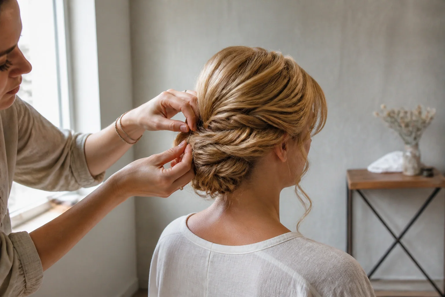 Coiffure de cérémonie vue pendant la préparation — illustration générée par IA