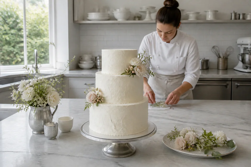 Gâteau de mariage préparé dans un atelier — illustration générée par IA