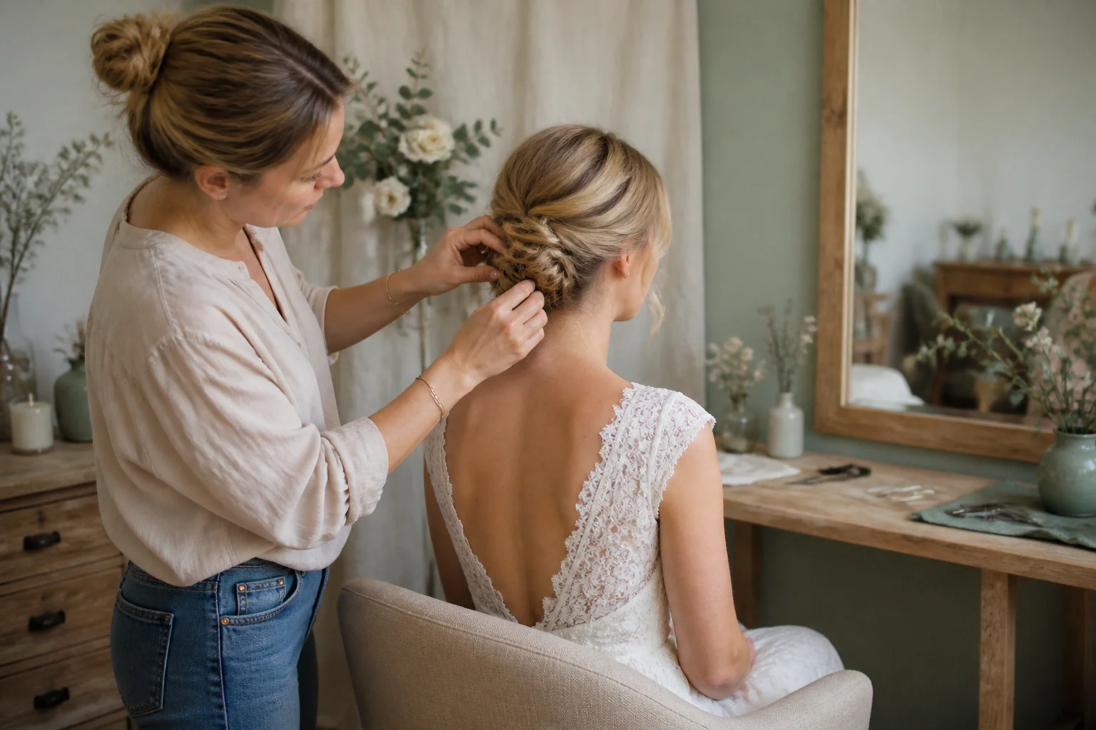Coiffure de cérémonie vue pendant la préparation — illustration générée par IA