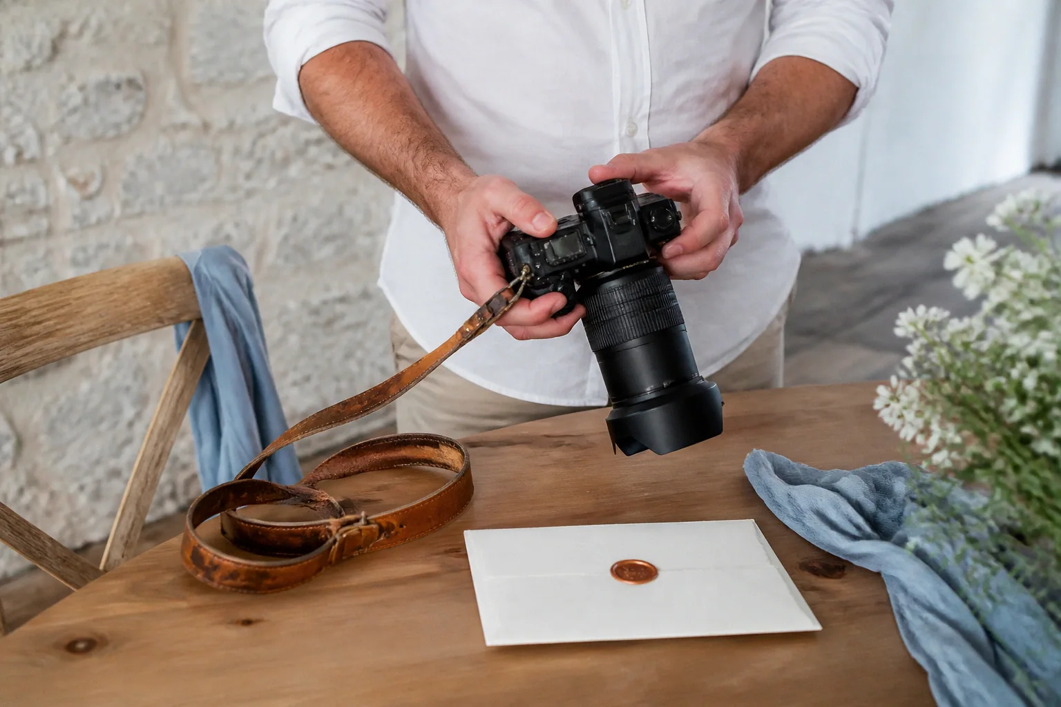 Appareil photo et accessoires de reportage de mariage — illustration générée par IA