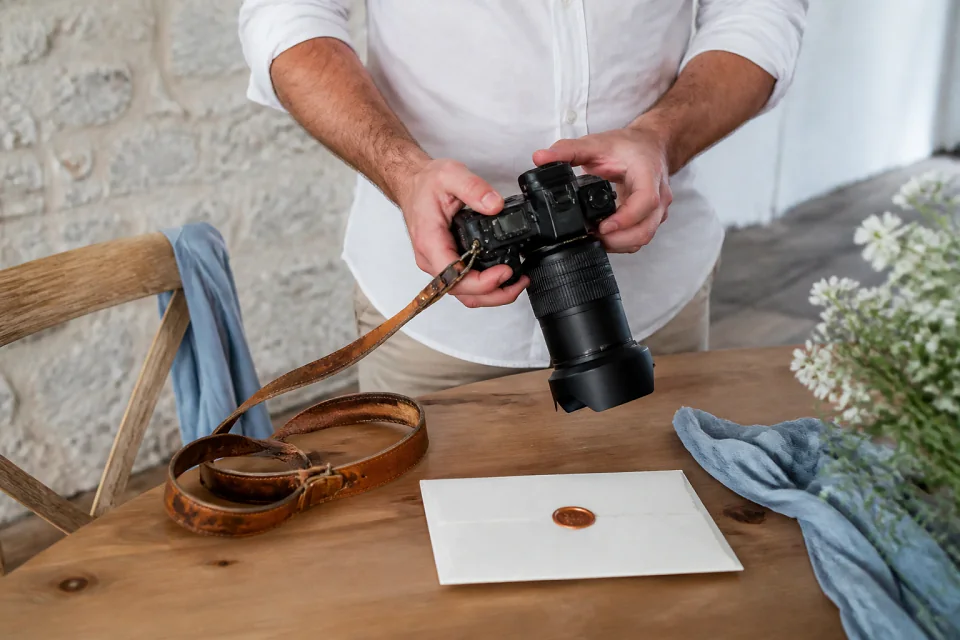 Appareil photo et accessoires de reportage de mariage — illustration générée par IA