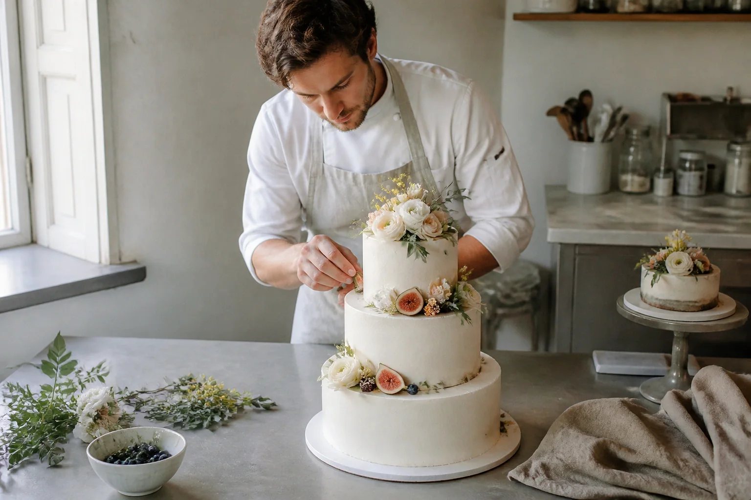 Gâteau de mariage préparé dans un atelier — illustration générée par IA