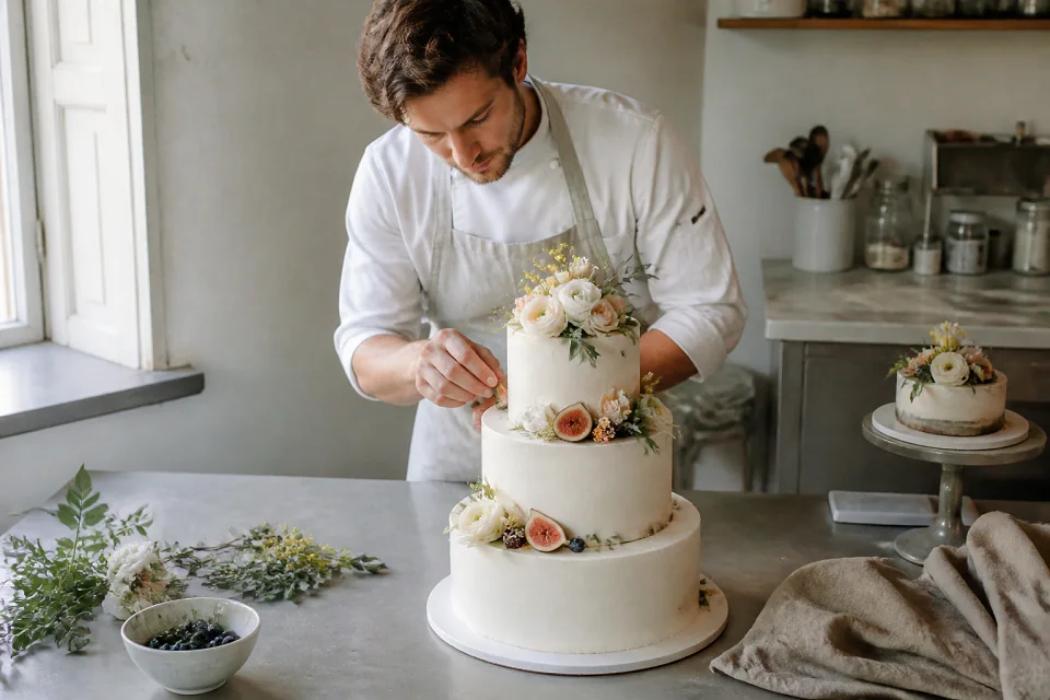 Gâteau de mariage préparé dans un atelier — illustration générée par IA