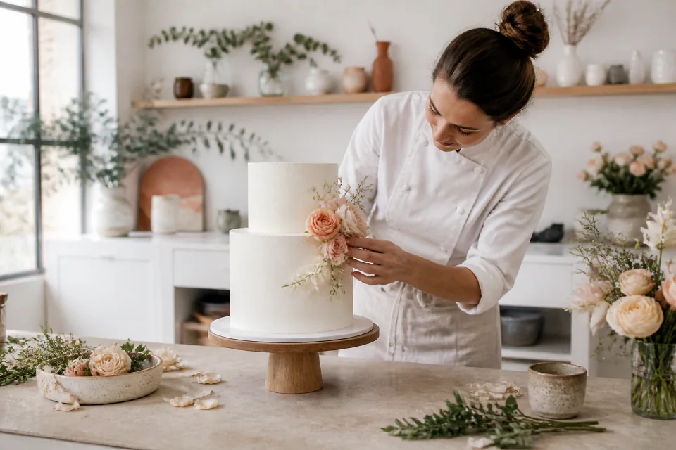 Gâteau de mariage préparé dans un atelier — illustration générée par IA
