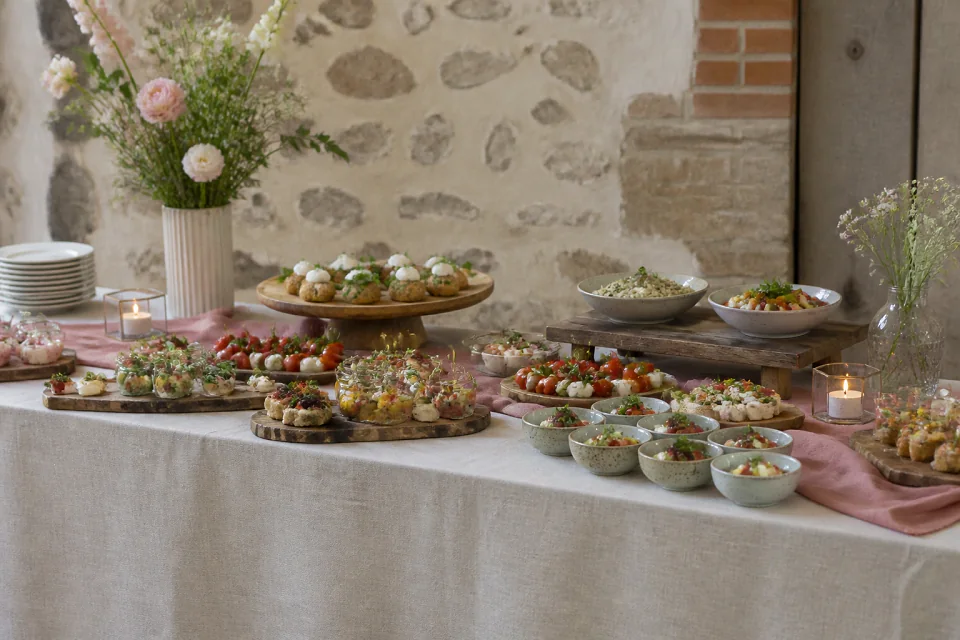 Préparations salées pour un cocktail de mariage — illustration générée par IA