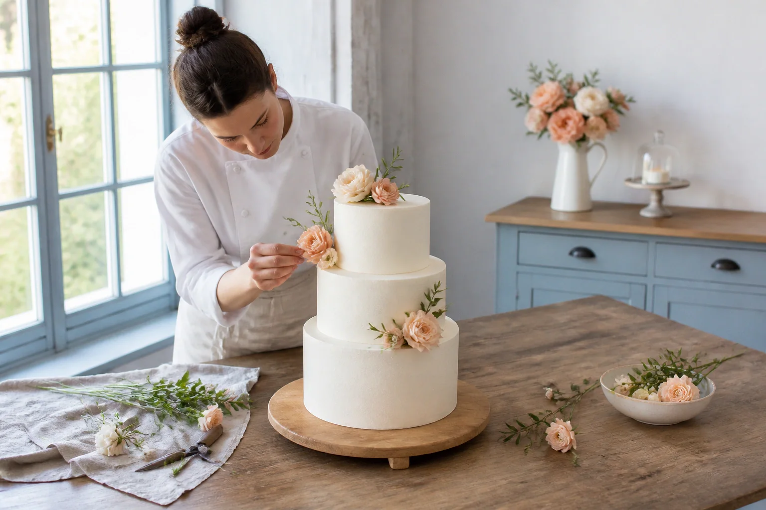 Gâteau de mariage préparé dans un atelier — illustration générée par IA