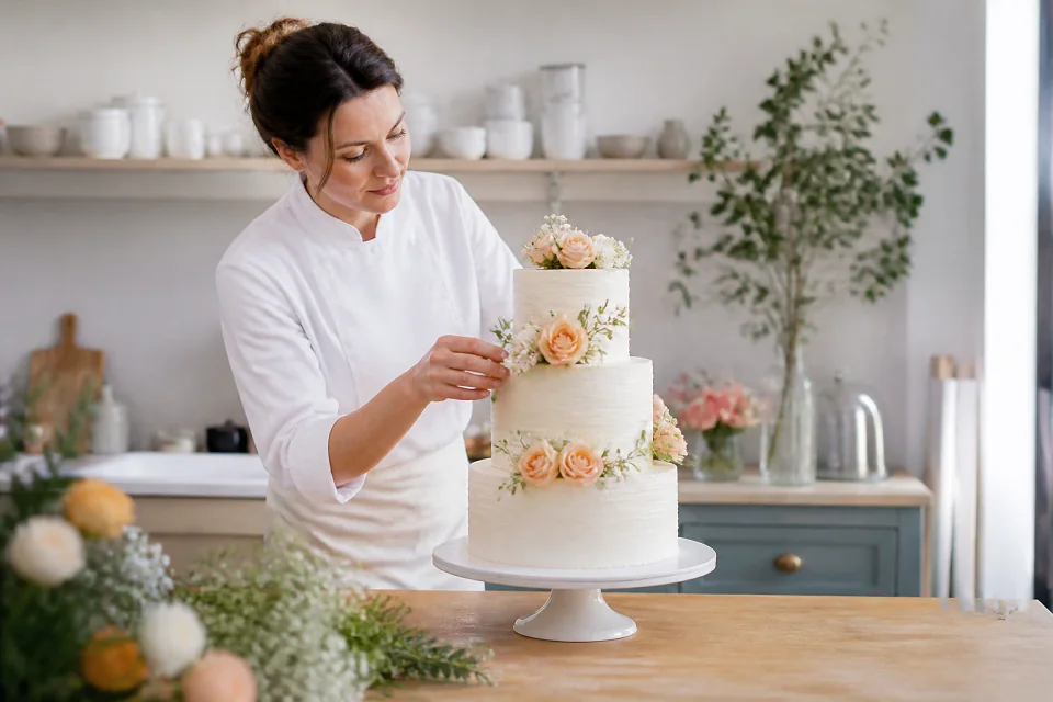 Gâteau de mariage préparé dans un atelier — illustration générée par IA