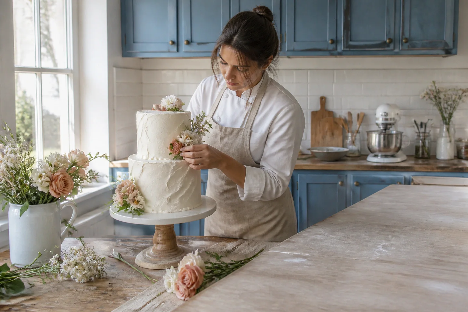 Gâteau de mariage préparé dans un atelier — illustration générée par IA