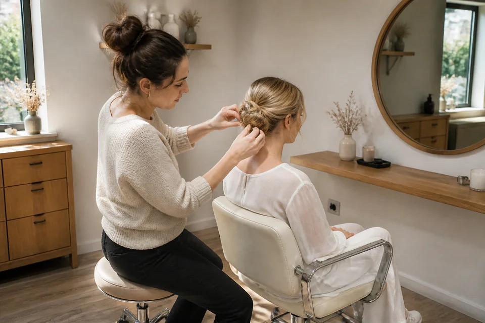 Coiffure de cérémonie vue pendant la préparation — illustration générée par IA