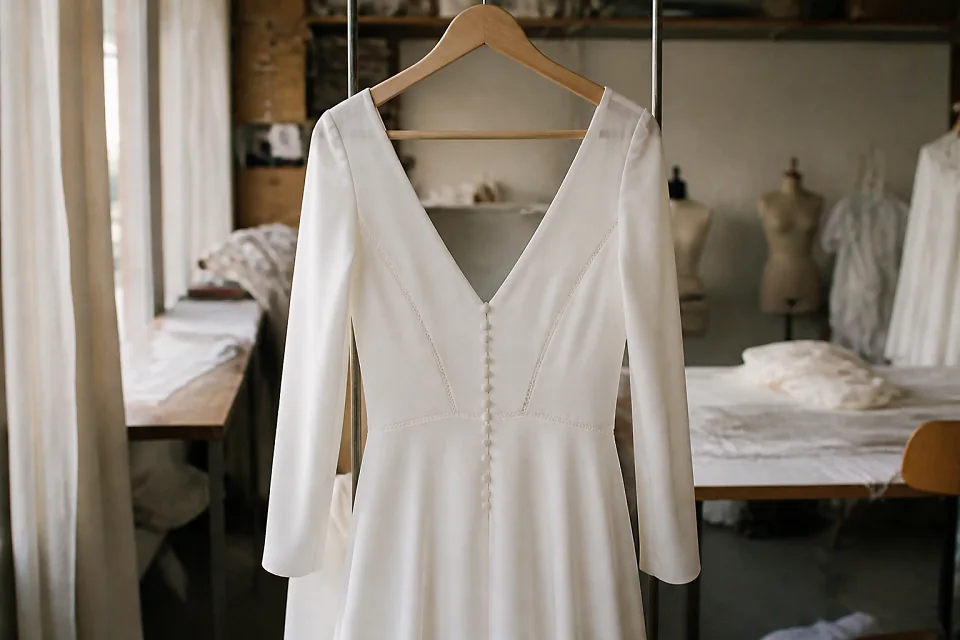 Robe de mariée dans un atelier de confection — illustration générée par IA