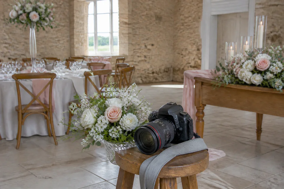 Appareil photo et accessoires de reportage de mariage — illustration générée par IA