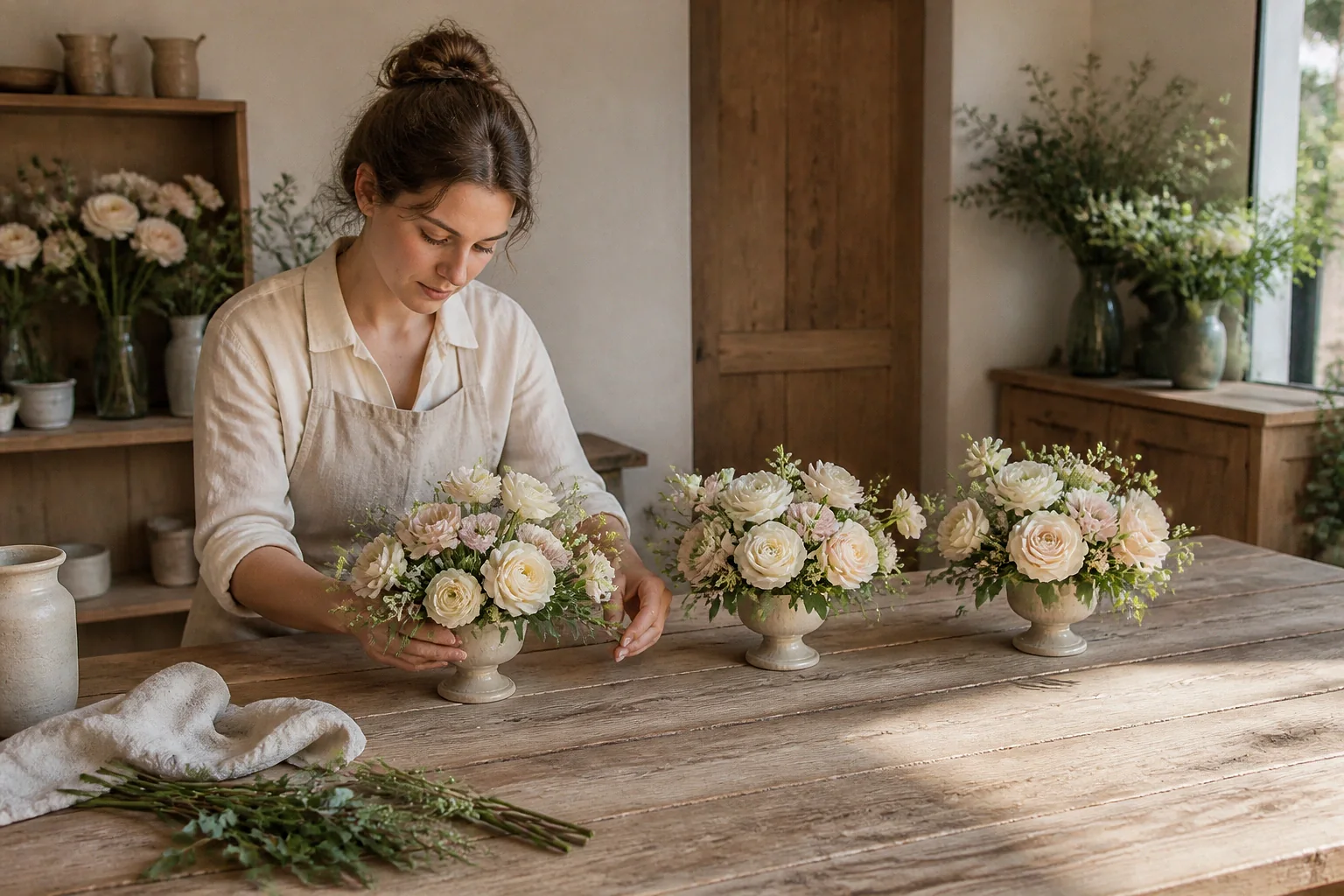 Préparation florale pour un mariage — illustration générée par IA