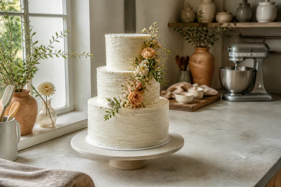 Gâteau de mariage préparé dans un atelier — illustration générée par IA