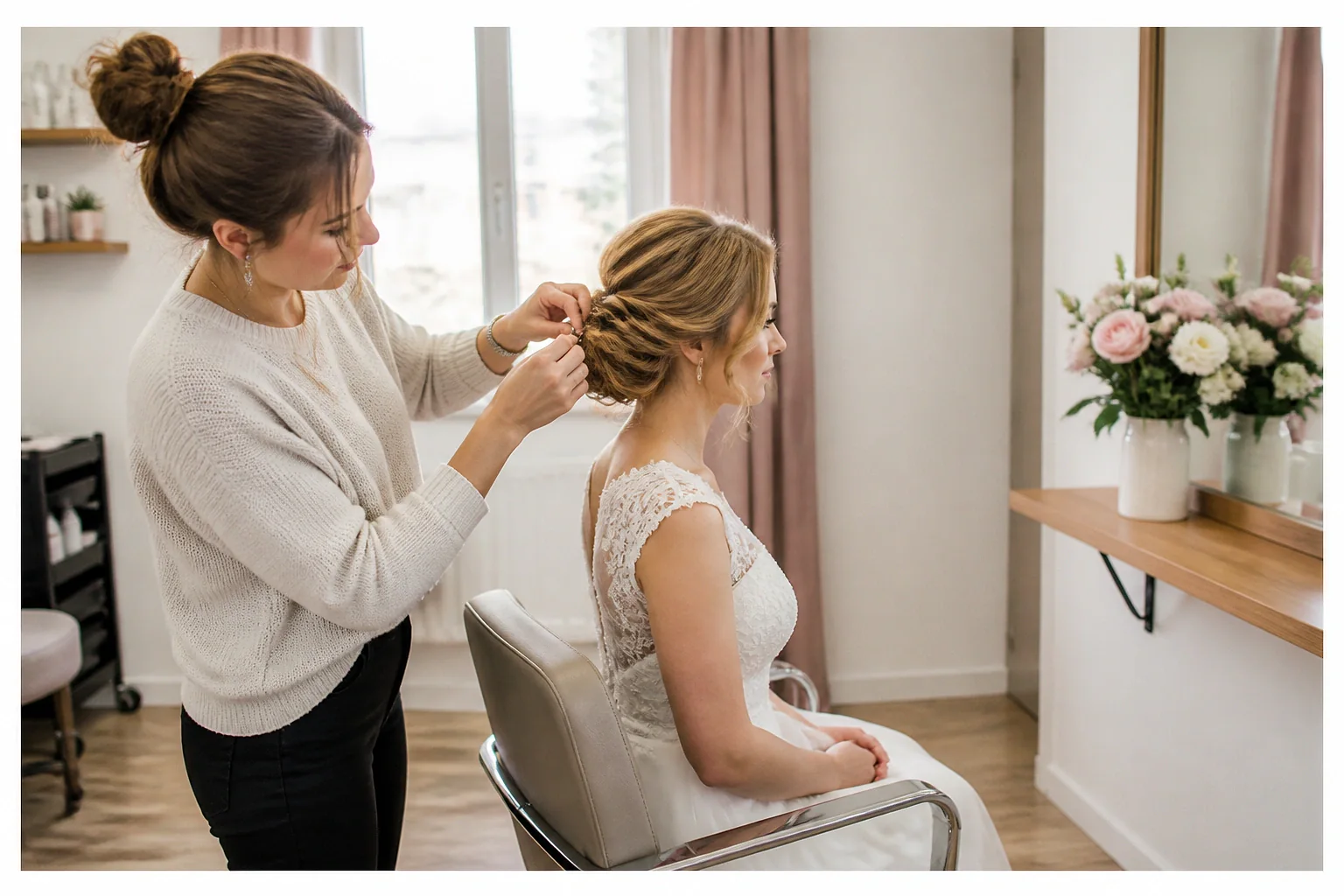 Coiffure de cérémonie vue pendant la préparation — illustration générée par IA