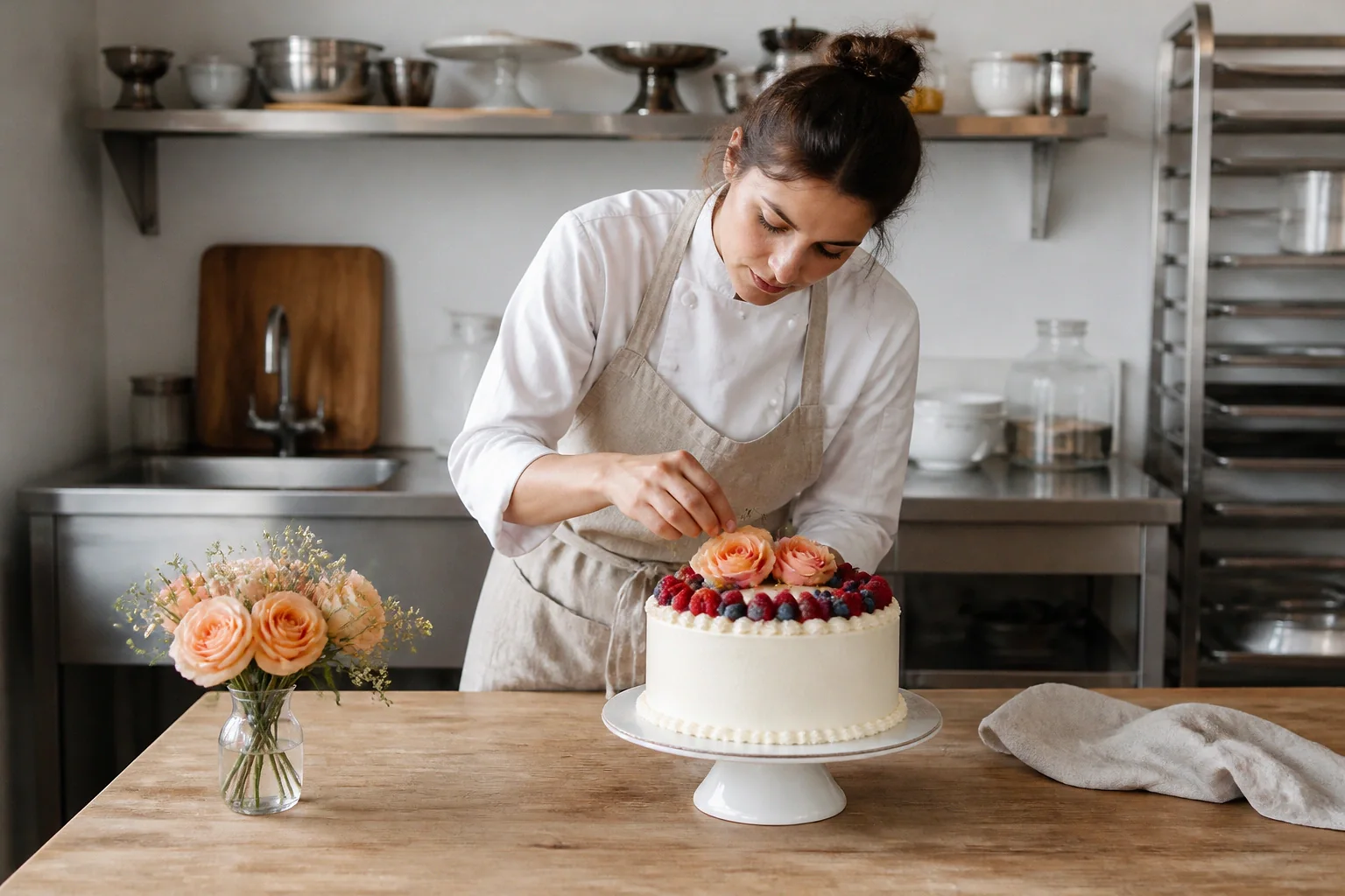 Gâteau de mariage préparé dans un atelier — illustration générée par IA