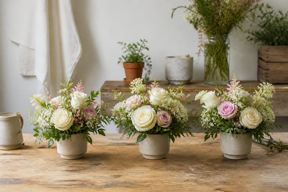 Préparation florale pour un mariage — illustration générée par IA