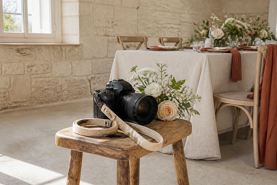 Appareil photo et accessoires de reportage de mariage — illustration générée par IA