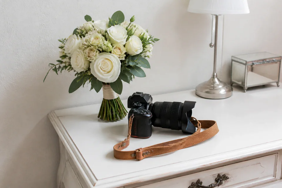Appareil photo et accessoires de reportage de mariage — illustration générée par IA