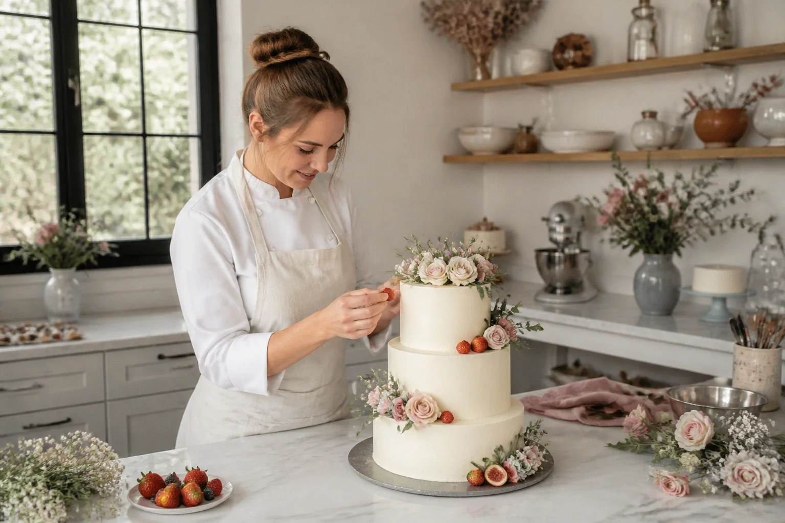 Gâteau de mariage préparé dans un atelier — illustration générée par IA