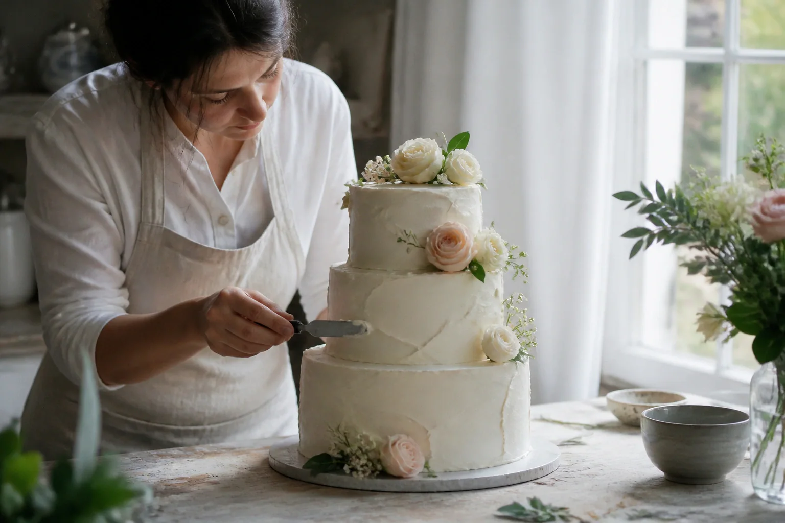 Gâteau de mariage préparé dans un atelier — illustration générée par IA