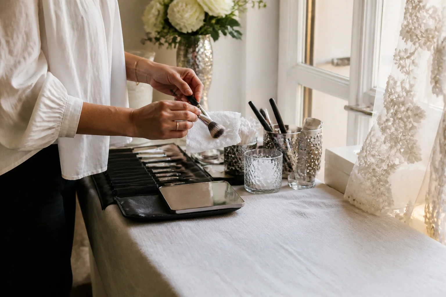 Préparation d’un maquillage de mariage — illustration générée par IA