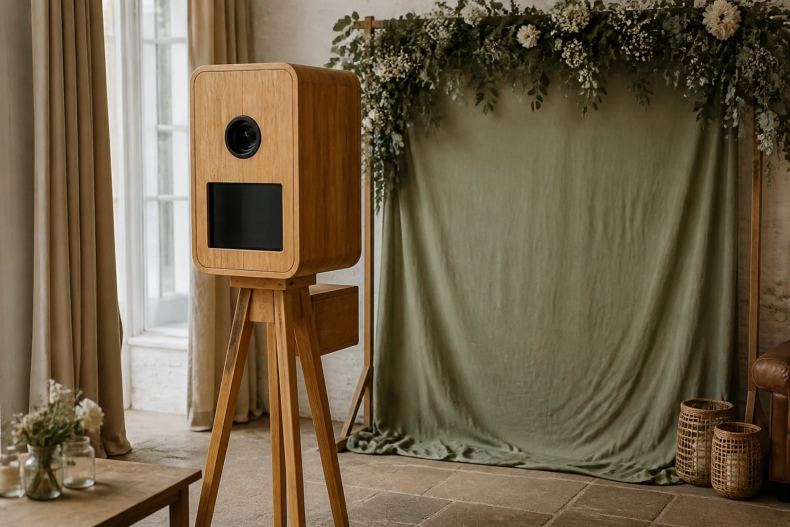 Borne photo installée pour une réception de mariage — illustration générée par IA