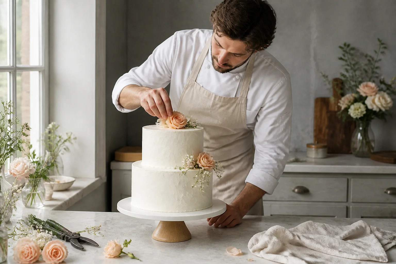 Gâteau de mariage préparé dans un atelier — illustration générée par IA