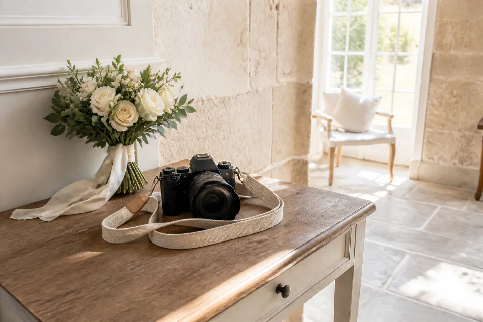 Appareil photo et accessoires de reportage de mariage — illustration générée par IA