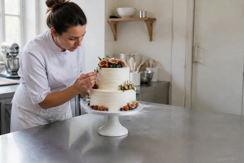 Gâteau de mariage préparé dans un atelier — illustration générée par IA