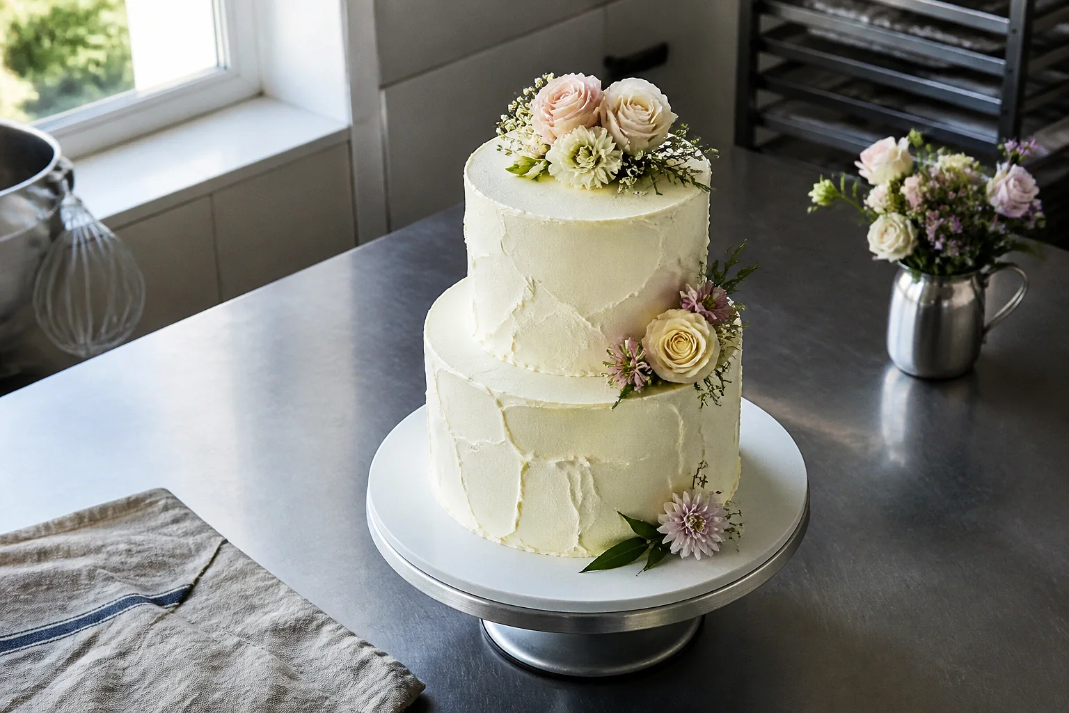 Gâteau de mariage préparé dans un atelier — illustration générée par IA