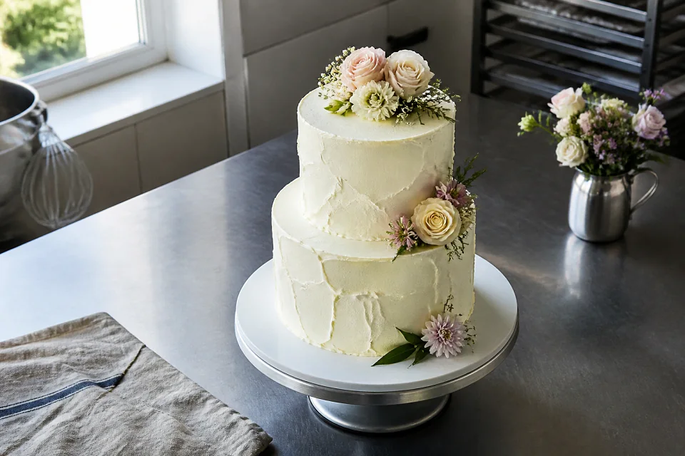 Gâteau de mariage préparé dans un atelier — illustration générée par IA