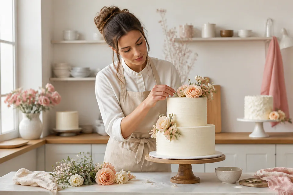Gâteau de mariage préparé dans un atelier — illustration générée par IA