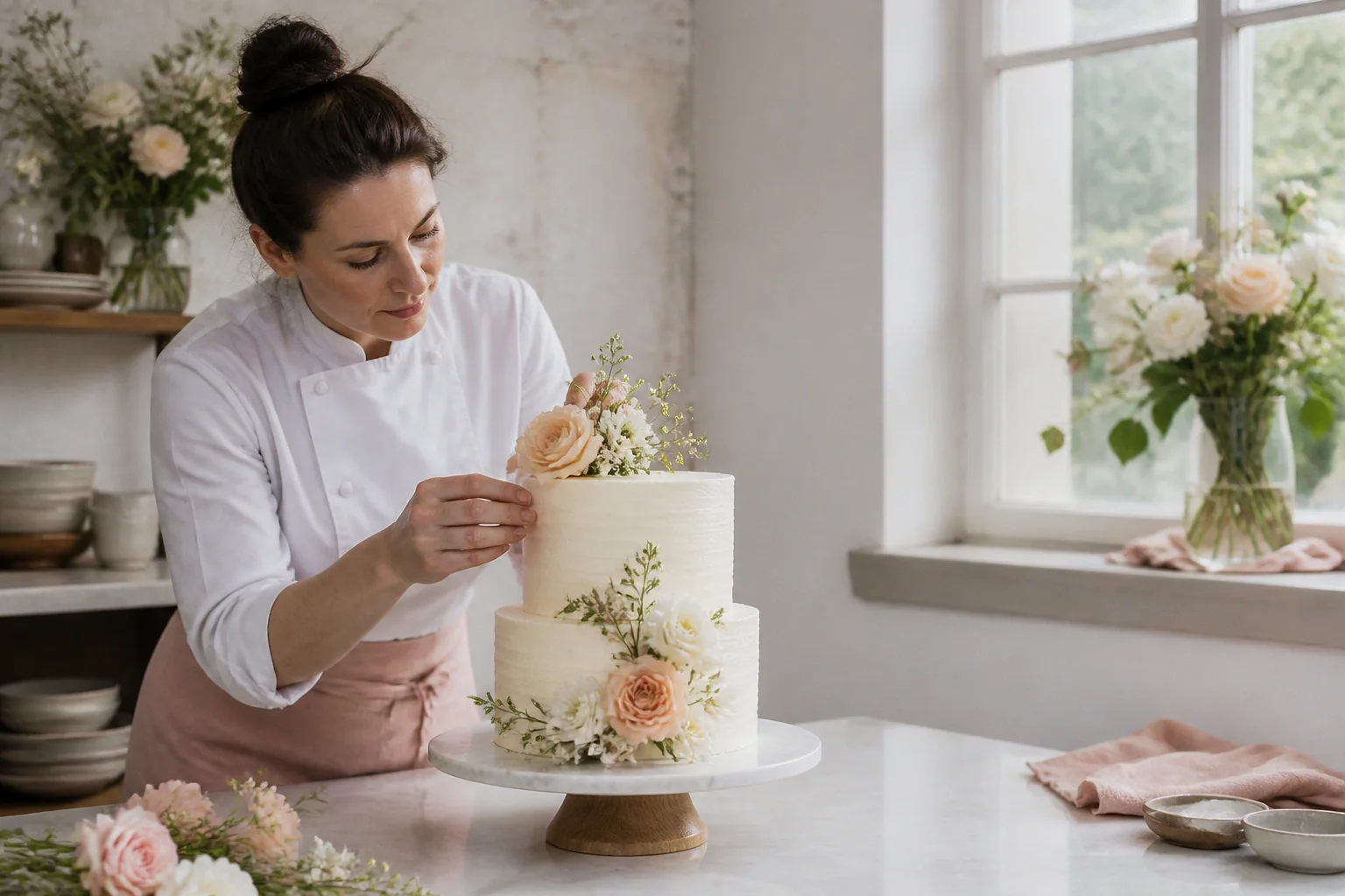 Gâteau de mariage préparé dans un atelier — illustration générée par IA