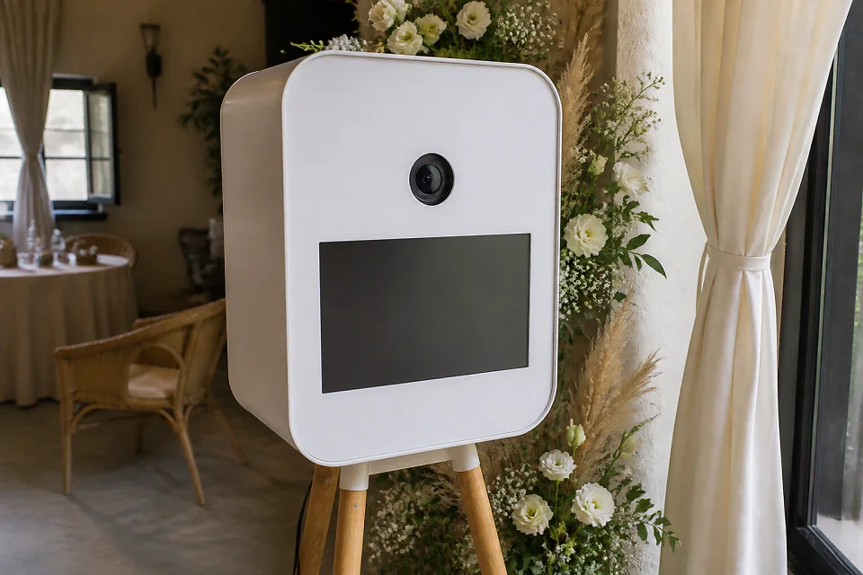 Borne photo installée pour une réception de mariage — illustration générée par IA
