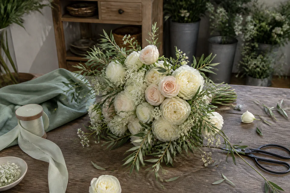 Préparation florale pour un mariage — illustration générée par IA