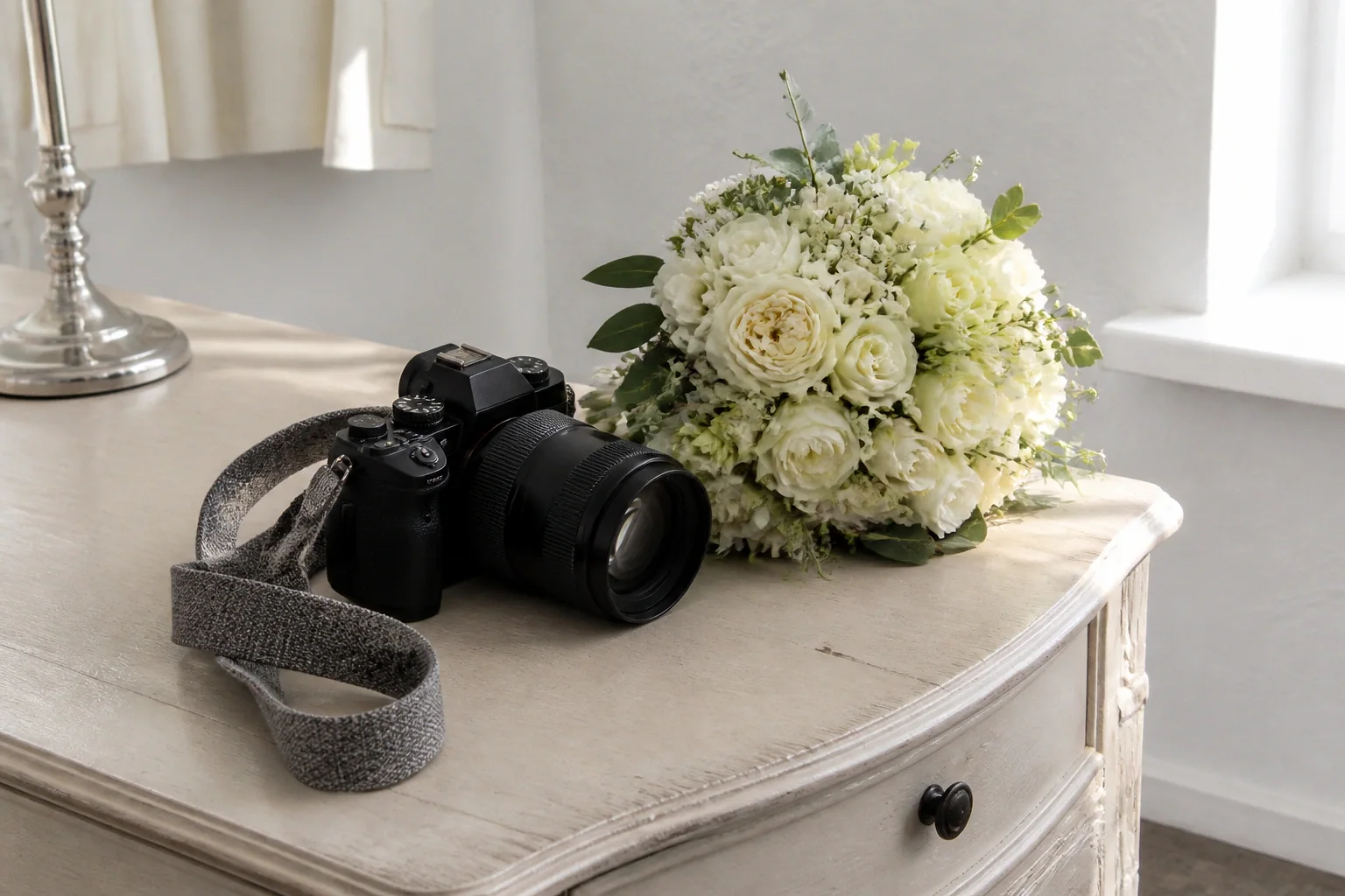 Appareil photo et accessoires de reportage de mariage — illustration générée par IA