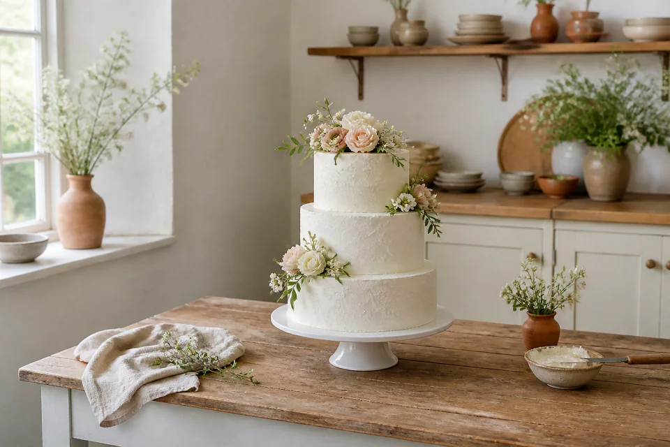 Gâteau de mariage préparé dans un atelier — illustration générée par IA