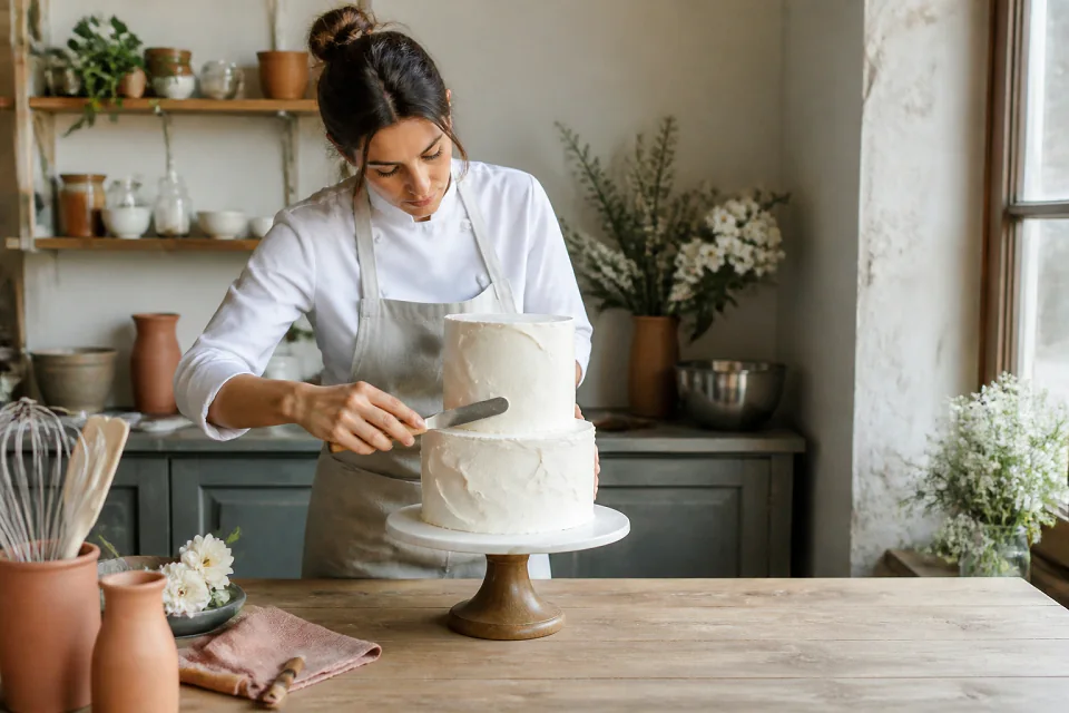Gâteau de mariage préparé dans un atelier — illustration générée par IA