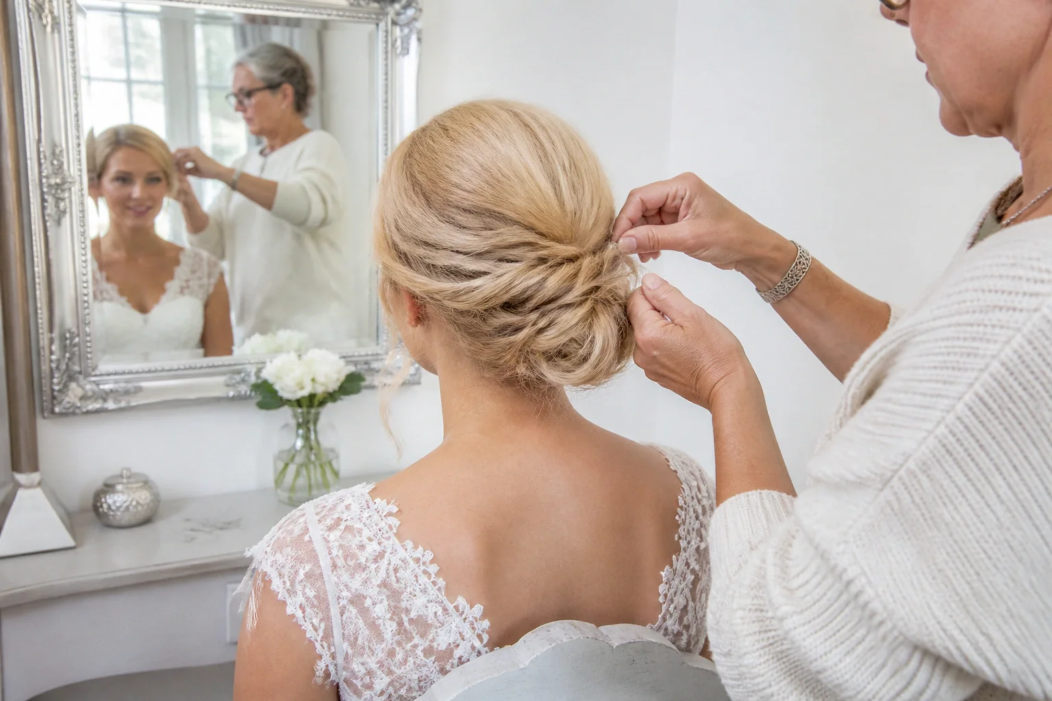Coiffure de cérémonie vue pendant la préparation — illustration générée par IA
