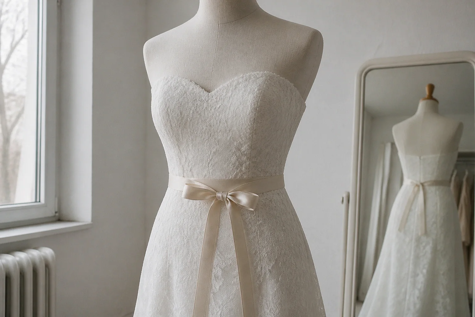 Robe de mariée dans un atelier de confection — illustration générée par IA