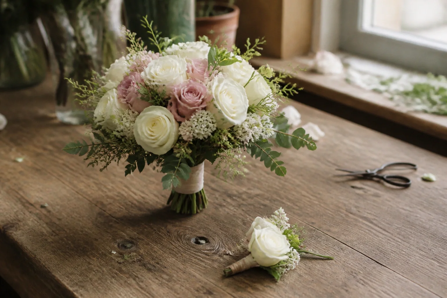 Préparation florale pour un mariage — illustration générée par IA