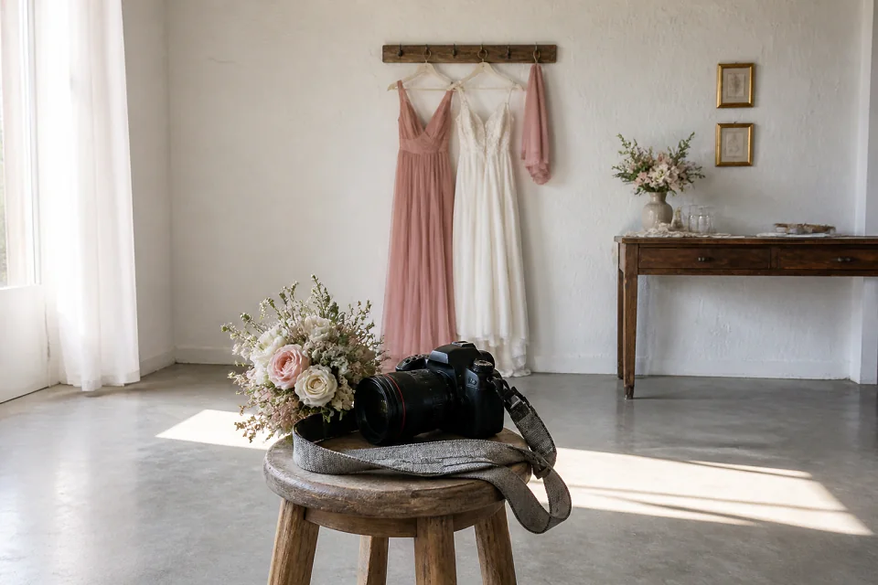 Appareil photo et accessoires de reportage de mariage — illustration générée par IA