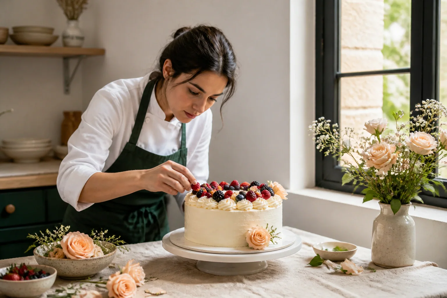 Gâteau de mariage préparé dans un atelier — illustration générée par IA