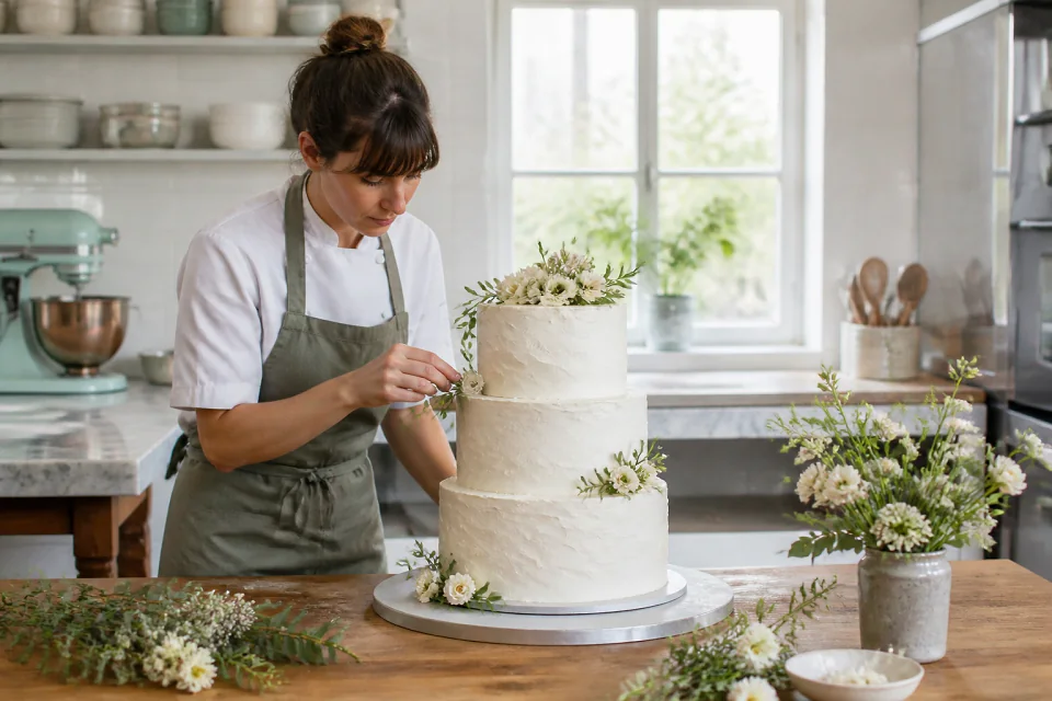 Gâteau de mariage préparé dans un atelier — illustration générée par IA
