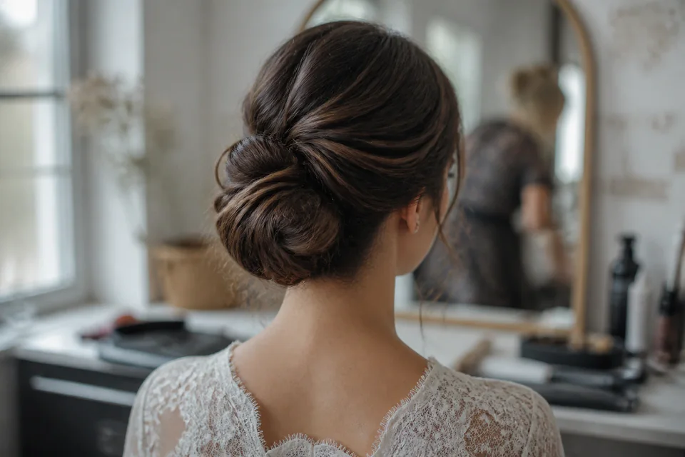 Coiffure de cérémonie vue pendant la préparation — illustration générée par IA