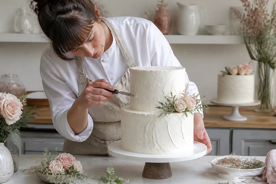 Gâteau de mariage préparé dans un atelier — illustration générée par IA