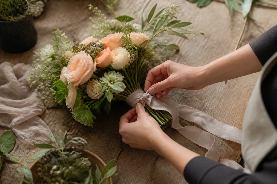 Préparation florale pour un mariage — illustration générée par IA