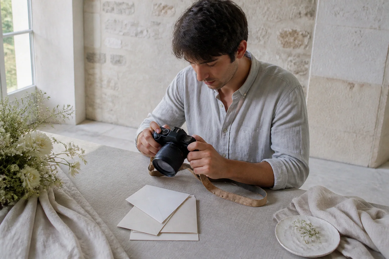 Appareil photo et accessoires de reportage de mariage — illustration générée par IA