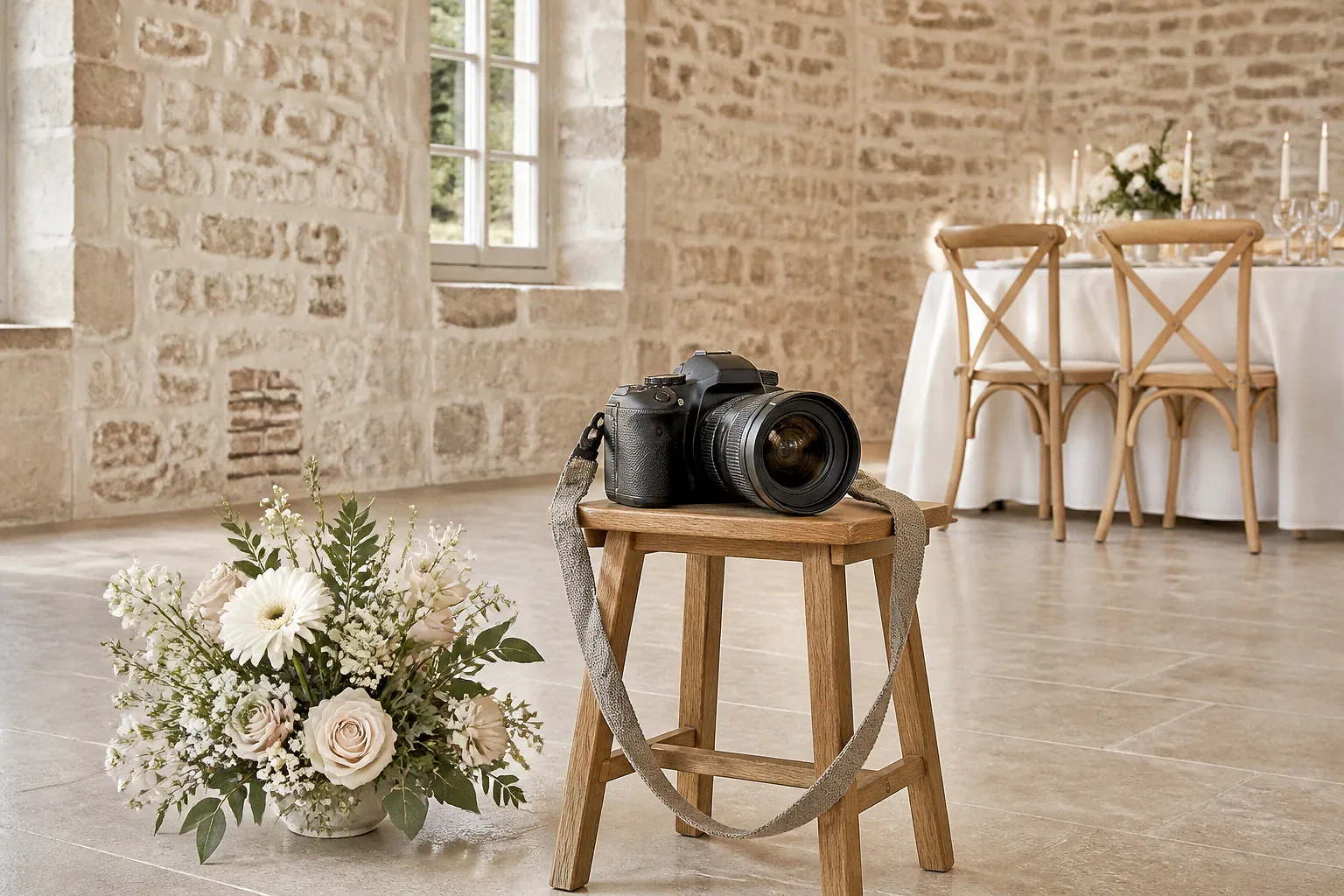 Appareil photo et accessoires de reportage de mariage — illustration générée par IA